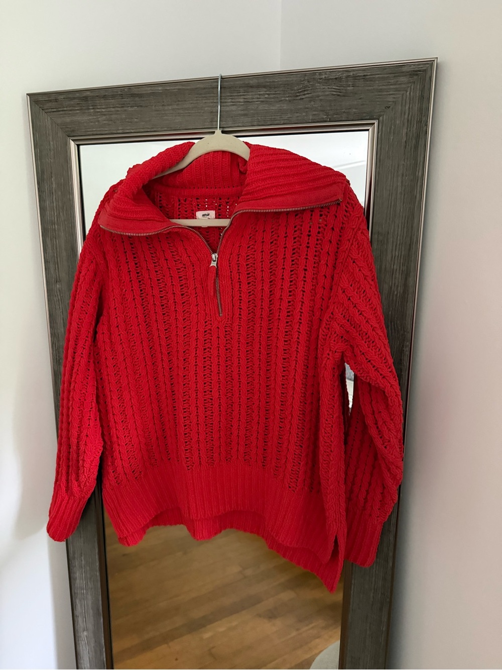 Aerie Coral Red Half-Zip Cable Knit Sweater Oversize small